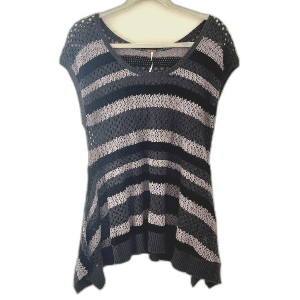 FREE PEOPLE Womens Crochet Purple/Grey Striped Cotton Sweater Vest Tunic - Small